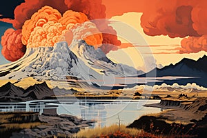 Ukiyoe style Volcanic eruptions in Iceland