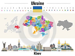 Ukraine regions oblasts with administrative divisions raions map. Flag of Ukraine. Kiev cityscape. Vector illustration photo