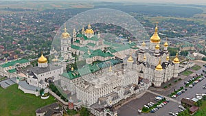 Ukraine. Aerial view to largest Orthodox church complex monastery Dormition Pochayiv Lavra