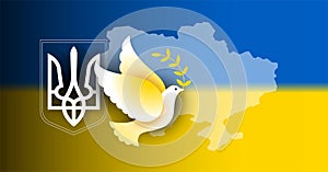 Ukraine background with dove of peace, Ukraine coat of arms and Ukraine map and flag - vector illustration. Peace for Ukraine,