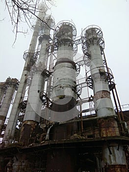 Ukraine, Carpathians, chemical columns at a non-working abandoned plant