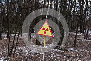 UKRAINE. Chernobyl Exclusion Zone. - 2016.03.19. Sign of radiation pollution in forest near the power plant