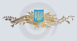 Ukraine Coat of Arms. State Emblem of Ukraine with a wreath of herbs and flowers.