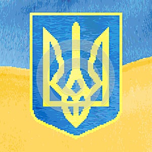 Ukraine coat of arms - Trident on yellow and blue background. State symbol of Ukraine. Grunge brush style. Vector