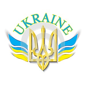 Ukraine Coat of Arms with wings in colors of national flag and text Ukraine