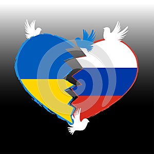 Ukraine conflict. Peace for Ukraine. Vector illustration with broken heart and pigeons praying . Stop the war.