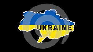 Ukraine country shape without the Crimean Peninsula, with blue yellow flag and borders - 2D animation on black background.