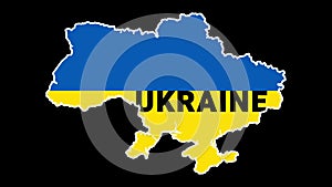 Ukraine country shape with the Crimean Peninsula, with blue and yellow flag and borders animation on black background