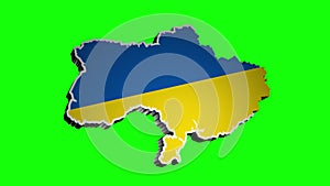 Ukraine country shape without the Crimean Peninsula, with metallic blue yellow flag and borders - 3D animation on green screenn.