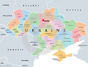 Ukraine, country subdivision, colored political map