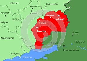 Ukraine with Donetsk and Luhansk republics on map close-up photo