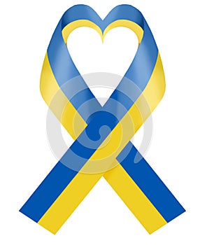 Ukraine flag as heart shaped ribbon. Isolated