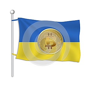 Ukraine flag with Bitcoin gold coin, white background