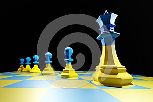 Ukraine flag on chess pieces with chess board isolated on black