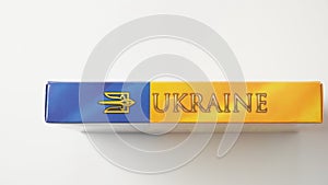 Ukraine flag and coat of arms. Golden trident on cloth flag.