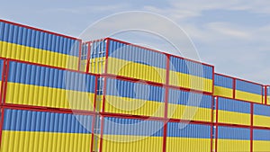 Ukraine flag containers are located at the container terminal. Concept for Ukraine import and export 3D
