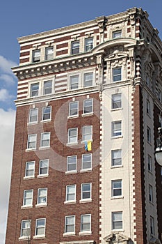 Ukraine flag hanging from one window.. way to stand out