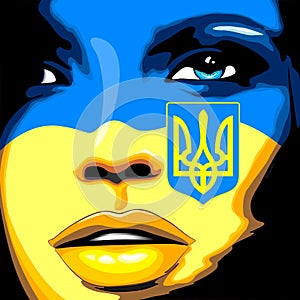 Ukraine Flag painted on Beautiful Girl Portrait Vector Illustration