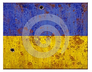 Ukraine Flag Rustic Plaque Bullet Holes Metal Sign War