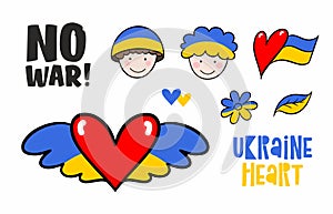 Ukraine heart, kid, soldier, flag and flower like a symbol of ukrainian country and people. Flat vector peace, love and freedom il