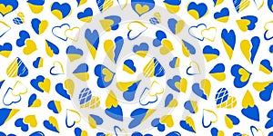 Ukraine heart vector seamless pattern, blue and yellow colors flag background, ukrainian peace and love print, heart hand drawn.