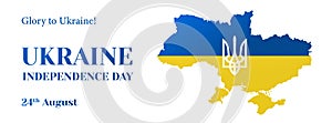 Ukraine Independence day vector banner. National holiday greeting card with map of Ukraine and trident. Facebook cover