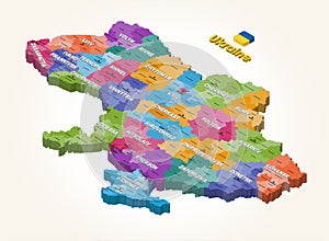 Ukraine isometric isolated vector map colored by administrative divisions (oblasts and raions) photo