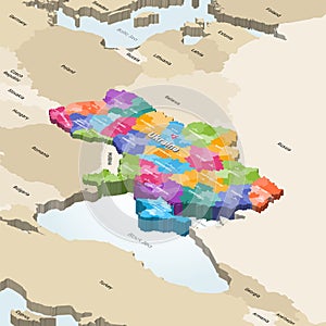 Ukraine isometric vector map colored by administrative divisions (oblasts and raions) with neighbouring countries photo