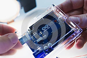 Smart microcontroller arduino uno modern concept.