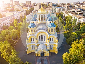 Ukraine Kyiv Kiev beautiful church. St Volodymyr`s Cathedral. Top vie from drone aerial photo. Famouse tourist places