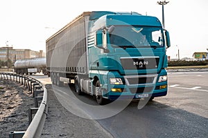 UKRAINE, KYIV - May 10, 2020: Cargo truck on the road. Transportation and logistic. TIR.