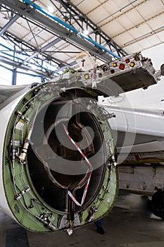 Ukraine, Kyiv - November 25, 2020: Details of the turboprop engine. Airplane propeller. Turbine mechanism and device. Screws the