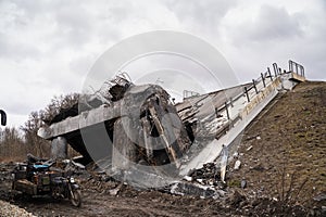 Ukraine, Kyiv region. Abandoned railway bridges. Invasion of Russian occupiers.