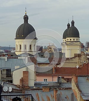 Ukraine, Lviv, Rynok square, view of the roofs of buildings and domes of cathedrals