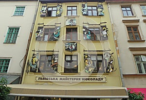 Ukraine, Lviv, Serbska street, Lviv Chocolate Workshop, facade of the house