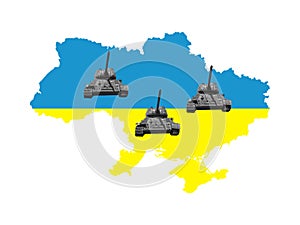 Ukraine map with flag and tanks