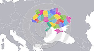 Ukraine map with individual regions colored and capital city, with individual neighboring states, blank