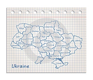 Ukraine map on a realistic squared sheet of paper torn from a block