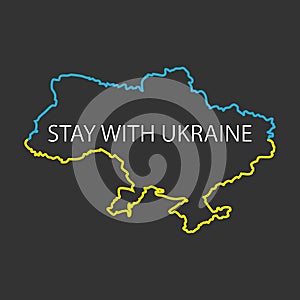 Ukraine Map. Stay with Ukraine text. World Map International vector template. Ukraine map with thin blue and yellow outline