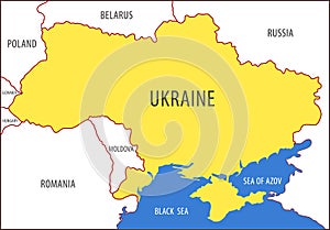 Ukraine. Map of the territory of the Ukrainian state with the image of the bordering states and the seas washing the