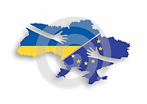 Ukraine map in union europe and ukraine flags. Helping hands of a ukrainian on the territory of the country