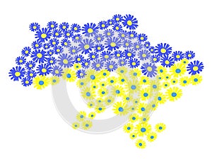 Ukraine map with yellow and blue flowers isolated on white background, vector eps 10