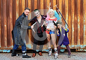 UKRAINE, ODESSA - August 13, 2016: Cosplayers in Harley Quinn costume, in Joker and Boomerang costumes