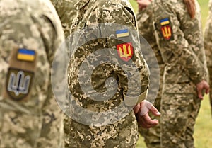Ukraine patch flag on army uniform. Ukraine military uniform. Uk
