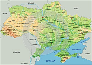 High detailed Ukraine physical map with labeling. photo