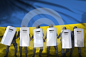 Ukraine police squad protecting peaceful people against mutiny - protest stopping concept, military 3D Illustration on flag
