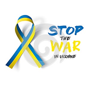 Ukraine ribbon flag. Mourning ribbon flag with Stop the war in Ukraine inscription. Vector illustration.