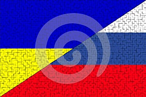 Ukraine Russia. Conflict between Russia and Ucraine war concept. Ukraine flag and Russia flag background. Horizontal design.