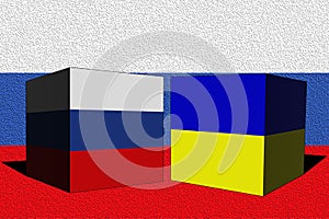 Ukraine Russia. Conflict between Russia and Ukraine war concept. Russia flag background. Ukraine and Russia 3D cubes.