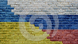 Ukraine and Russia flags on brick wall background. Ukrainian and russian banner